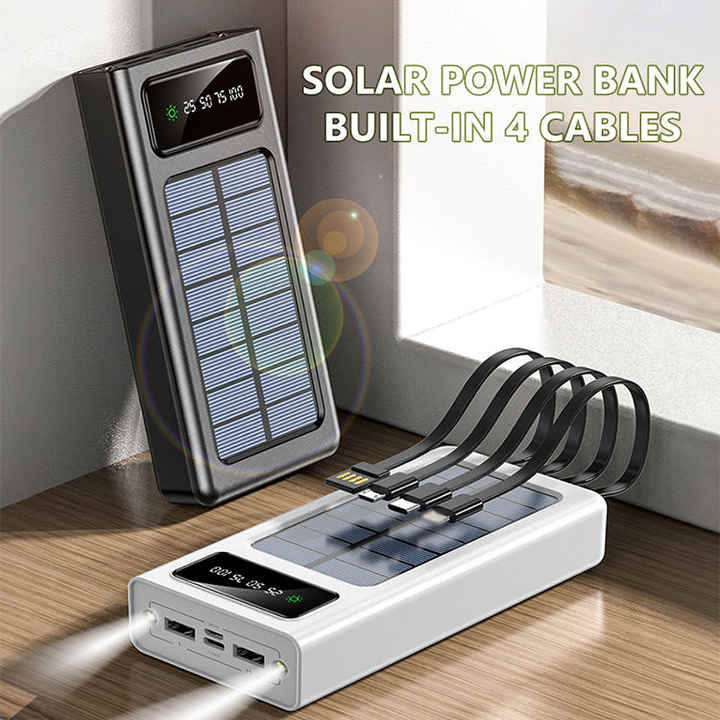 Solar Power Bank 20000mAh – Multi-Cable, Fast Charging with LED Display