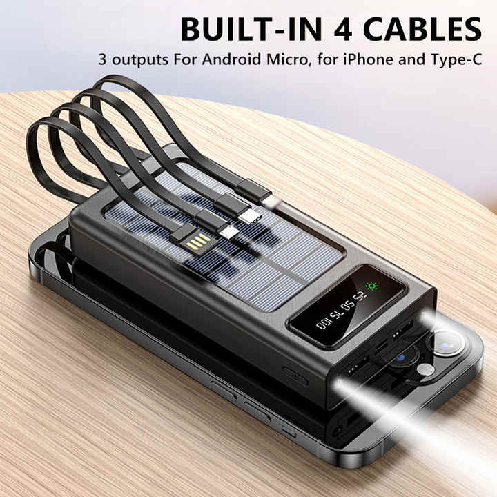Solar Power Bank 20000mAh – Multi-Cable, Fast Charging with LED Display